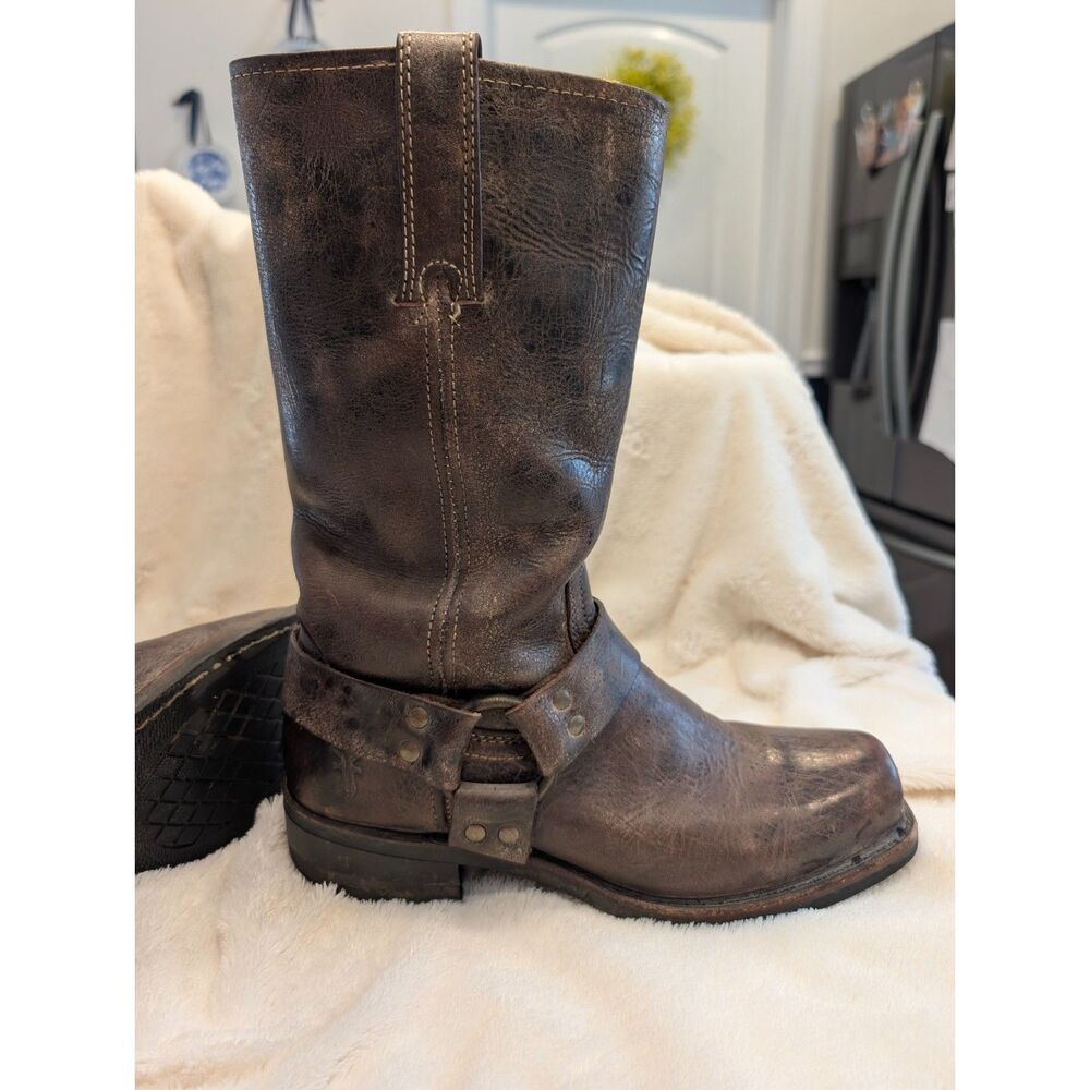 Frye Size 8M Harness 12R Leather Boots Cognac Brown Square Toe Distressed - Picture 4 of 16